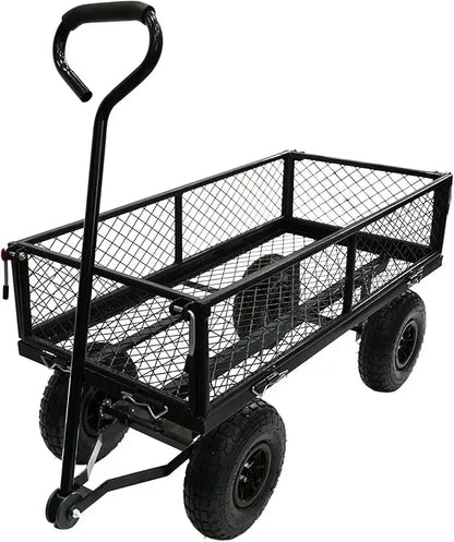 Heavy Duty Steel Garden Cart, Steel Mesh Lawn Cart with Removable Sides and 180° Rotating Smooth - 10" pneumatic tires