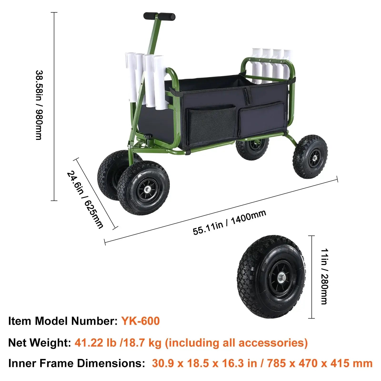 Foldable Fishing Cart, Marine Foldable Cart with (4 ) 11" Wheels, 8 Rod Holders, Pier Wagon Trolley for Sand, Picnic - cart dimensions