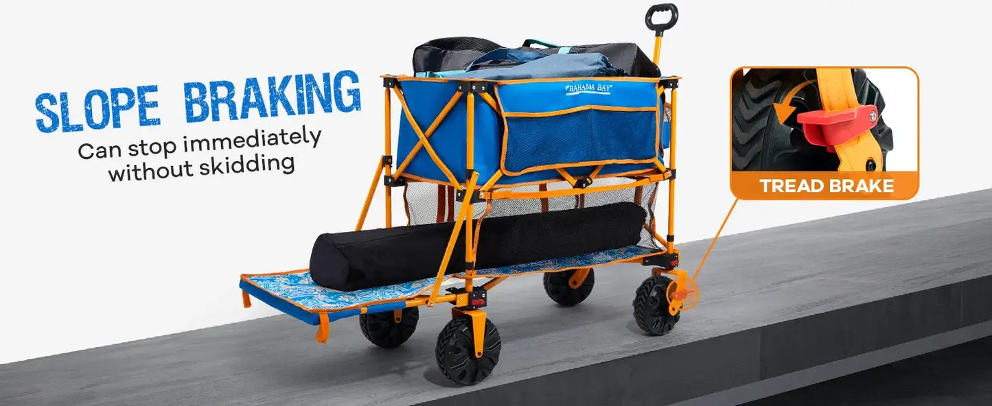 400L Collapsible Double Decker Beach Wagon with Brakes, Folding Beach Cart with 54" Extra Long Decker, 450LBS Heavy Duty Wagon - tread break
