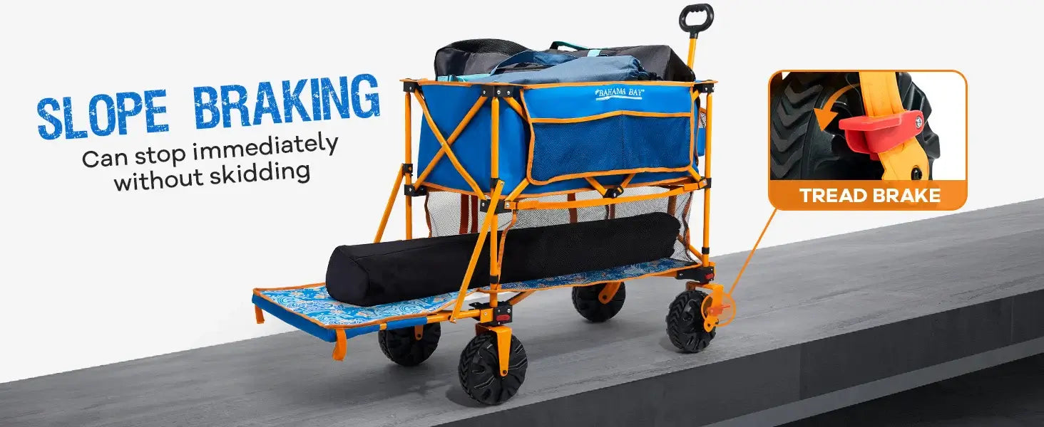 400L Collapsible Double Decker Beach Wagon with Brakes, Folding Beach Cart with 54" Extra Long Decker, 450LBS Heavy Duty Wagon - tread break