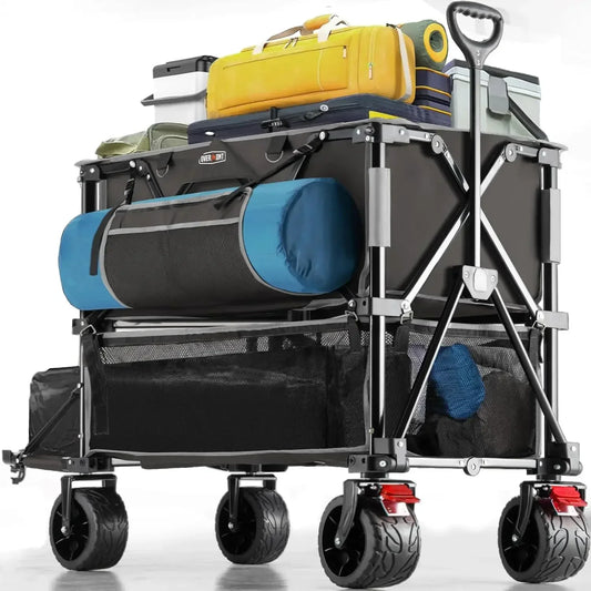 400L Foldable Double Decker Wagon, Large Capacity, Collapsible, 52" Extra Long Extender, All-Terrain, Big Wheels