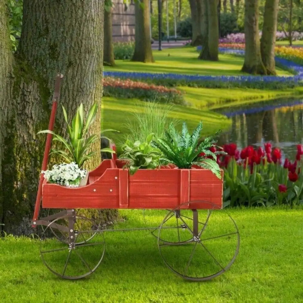 Wooden Wagon Plant Bed, Metal Wheels Garden Yard Patio Planter, Cart W/ Wood Frame