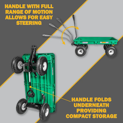 Farm Tuff Durable Plastic Deck Garden Wagon, Utility Cart with Pneumatic Tires for Outdoor Hauling, Green, 20" x 38"