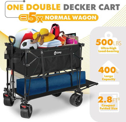 400L Large Capacity Folding Double Decker Wagon with Brakes, 54"Extra Long Extender Wagon Cart, 450lbs Heavy Duty Collapsible Cart - large capacity