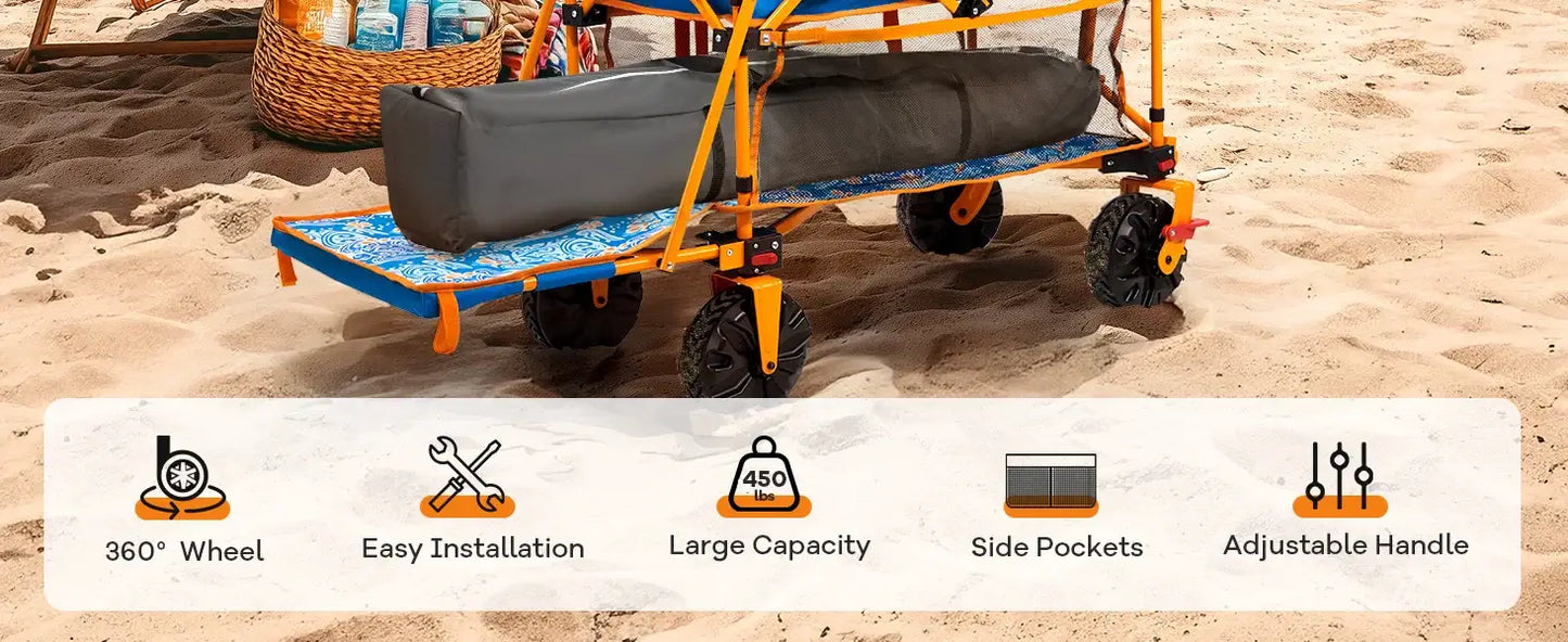 400L Collapsible Double Decker Beach Wagon with Brakes, Folding Beach Cart with 54" Extra Long Decker, 450LBS Heavy Duty Wagon - easy installation