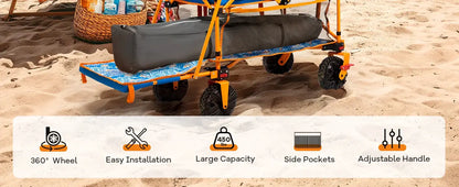 400L Collapsible Double Decker Beach Wagon with Brakes, Folding Beach Cart with 54" Extra Long Decker, 450LBS Heavy Duty Wagon - easy installation