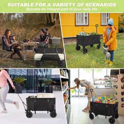 Foldable Wagons Carts, Collapsible Utility Cart, 300lbs, 130L with Side Pocket and Brakes