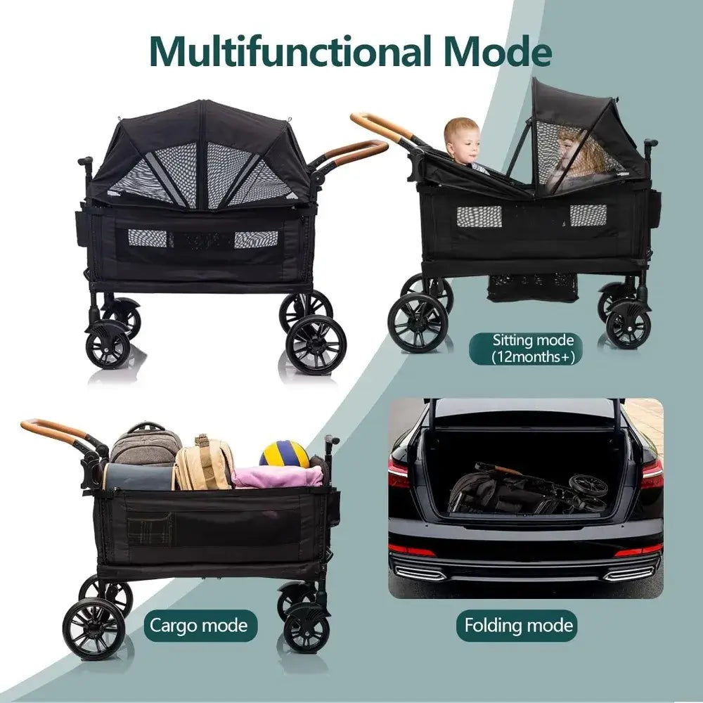 Double Wagon Stroller for 2 Kids & Cargo, Travel Stroller Push-Pull Double Wagon, Lightweight Folding Stroller - multifunctional