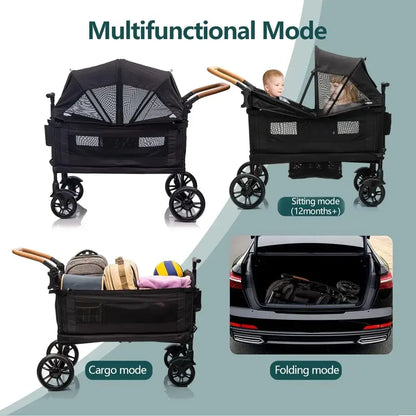 Double Wagon Stroller for 2 Kids & Cargo, Travel Stroller Push-Pull Double Wagon, Lightweight Folding Stroller - multifunctional