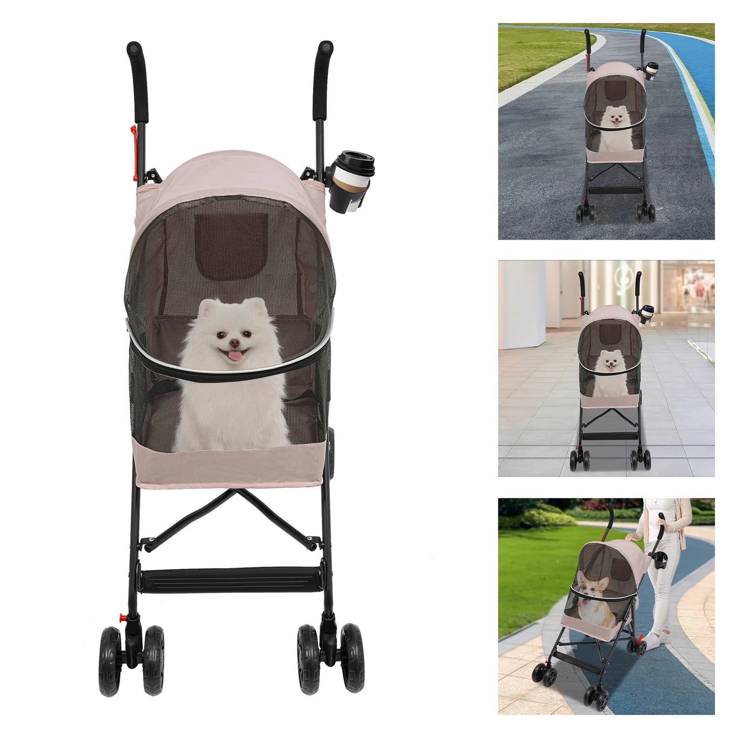 Pet Stroller for Small Pets, Lightweight Foldable with 360° Wheels, Safety Leash