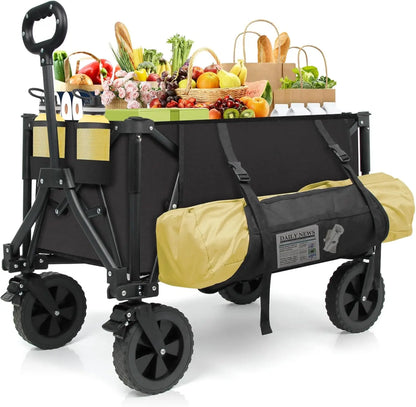 Foldable Wagons Carts, Collapsible Utility Cart, 300lbs, 130L with Side Pocket and Brakes