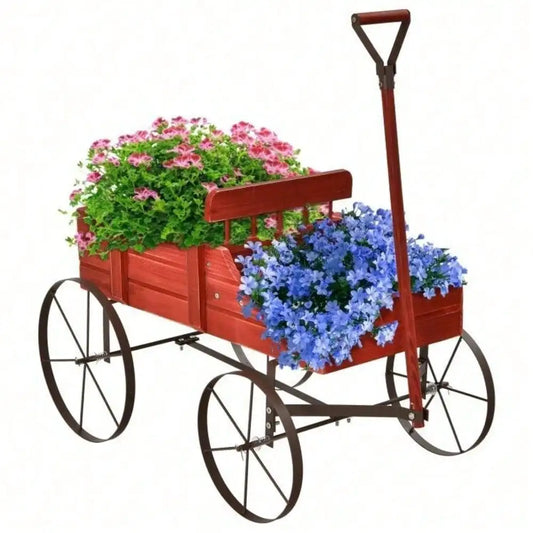 Wooden Wagon Plant Bed, Metal Wheels Garden Yard Patio Planter, Cart W/ Wood Frame