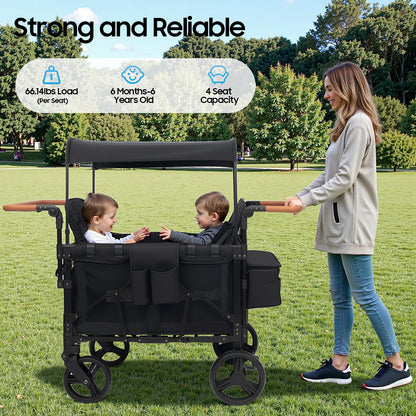 4 Seater Baby Wagon Stroller with Lockable Wheels, Extra Long Foldable Push chair with Adjustable Handle