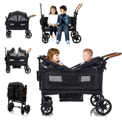 Double Wagon Stroller for 2 Kids & Cargo, Travel Stroller Push-Pull Double Wagon, Lightweight Folding Stroller - shock proof wheels