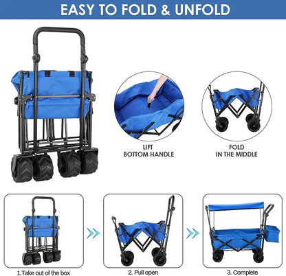 262L Collapsible Wagon cart with Removable Canopy, 115kg Capacity Push & Pull Utility Cart 600D Oxfort, Off-road wheel