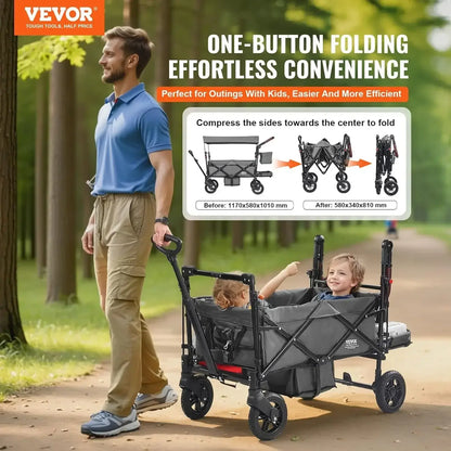 Wagon Stroller for 2 Kids, Push Pull Quad Collapsible Stroller with Adjustable Handle, Encircling Harness, Removable Canopy