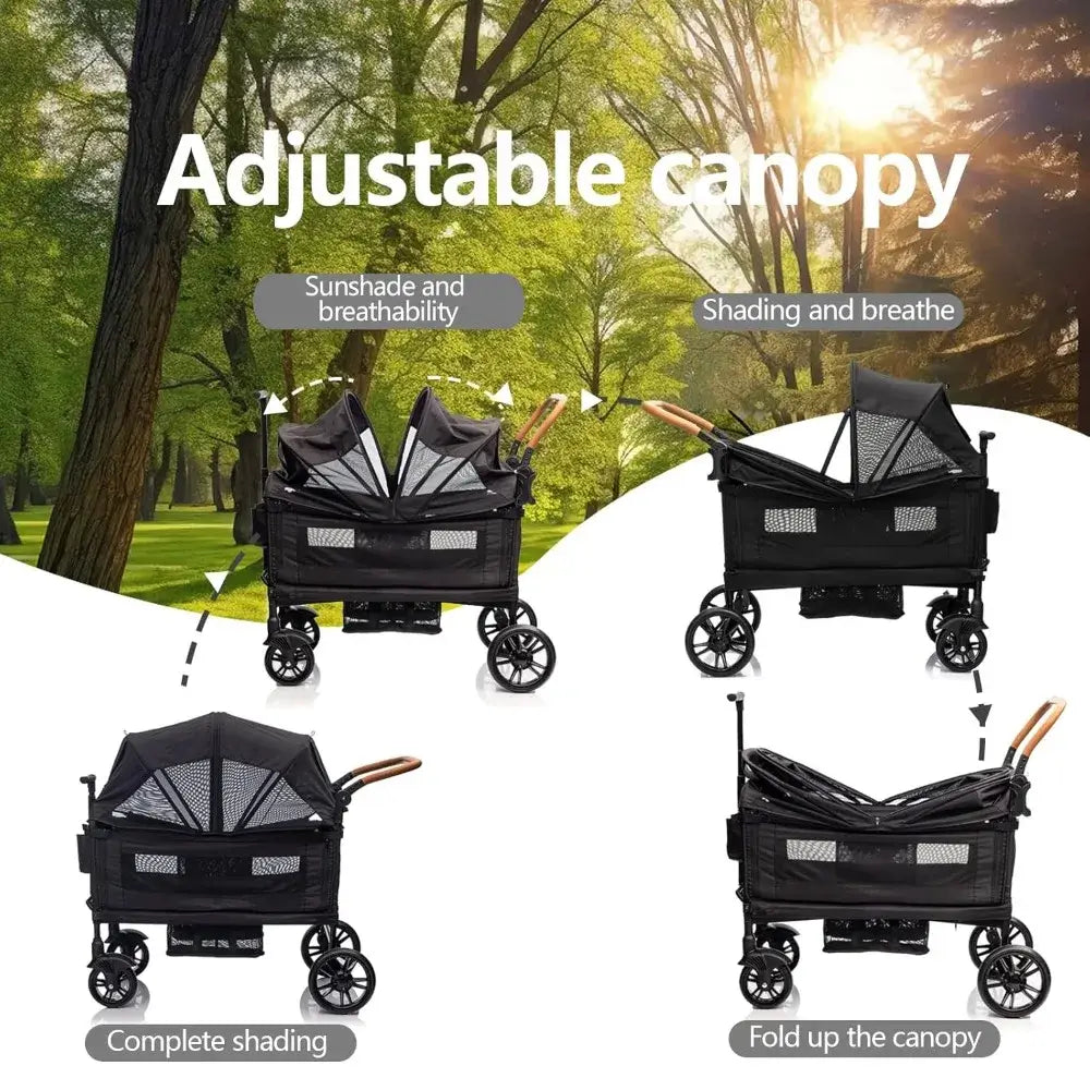 Double Wagon Stroller for 2 Kids & Cargo, Travel Stroller Push-Pull Double Wagon, Lightweight Folding Stroller - adjustable canopy