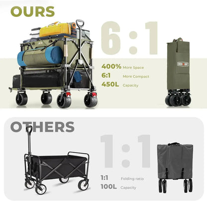 400L Foldable Double Decker Wagon, Large Capacity Collapsible Wagon Cart, 52" Extra Long Extender All Terrain Big Wheels - foldable compact size