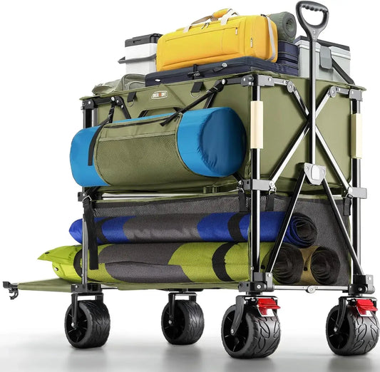 400L Foldable Double Decker Wagon, Large Capacity Collapsible Wagon Cart, 52" Extra Long Extender All Terrain Big Wheels - large load capacity