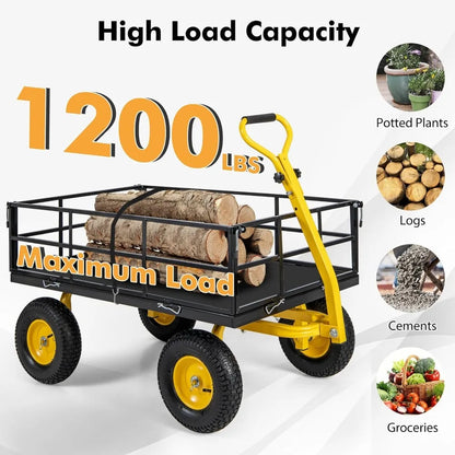 1200LBS Utility Wagon with 4 Removable Sides, 13” Pneumatic Wheels, Adjustable Handle, Convert into Flatbed, 3-in-1 Heavy Duty
