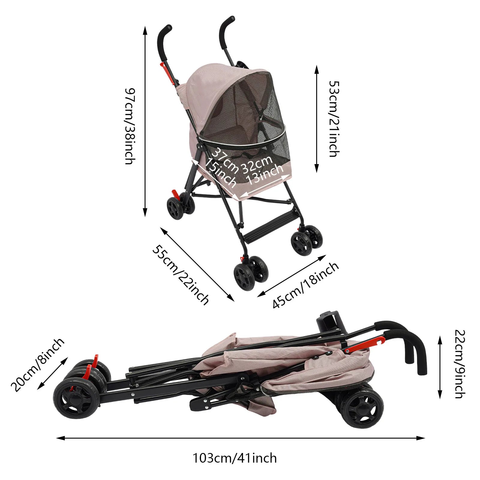 Pet Stroller for Small Pets, Lightweight Foldable with 360° Wheels, Safety Leash