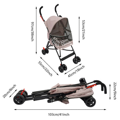 Pet Stroller for Small Pets, Lightweight Foldable with 360° Wheels, Safety Leash