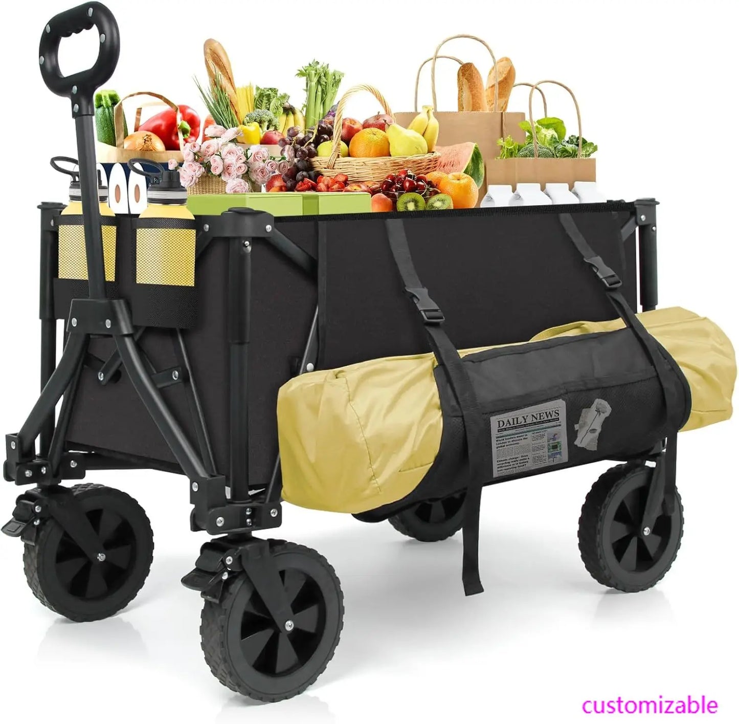 Foldable Wagons Carts, Collapsible Utility Cart, 300lbs, 130L with Side Pocket and Brakes