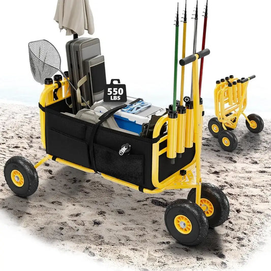 Fishing Cart, Foldable Trolley with 11" Airless Tires, Beach Trailer with Large Cargo Basket, 550 lbs Load Capacity, 8 Fishing Rod holders