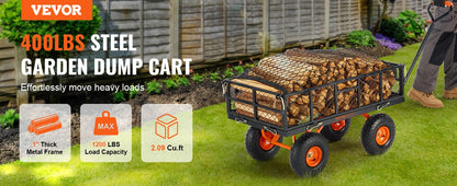400lbs Steel Garden Dump Cart, Heavy Duty, Wagon with Removable Sides Convert to Flatbed Utility Liner 10in