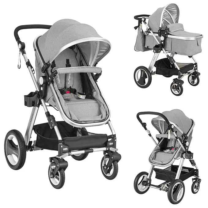 Baby Stroller, 2-in-1 Convertible Bassinet Reclining Stroller, Foldable Pram Carriage with 5-Point Harness, Including Cup Holde