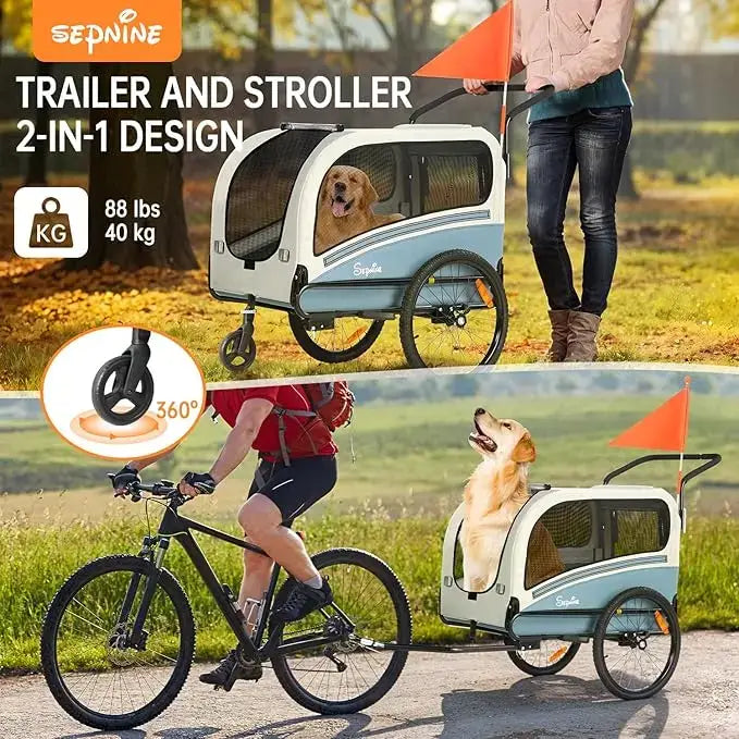 Foldable Pet Bike Trailer and Stroller, Supports up to 88 lbs, 2-in-1 Pet Stroller Cart Bicycle Carrier, Easy Folding Cart Frame - trailer and stroller
