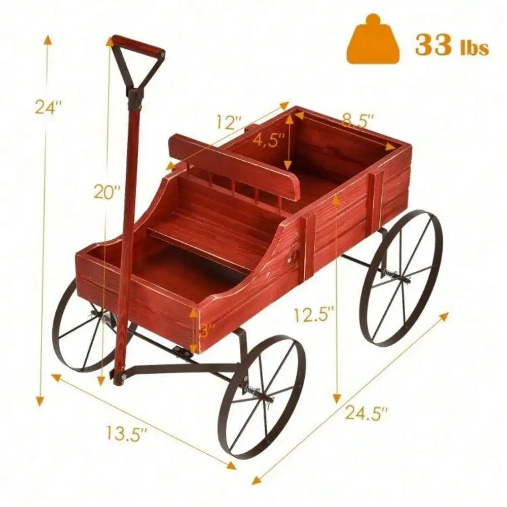 Wooden Wagon Plant Bed, Metal Wheels Garden Yard Patio Planter, Cart W/ Wood Frame