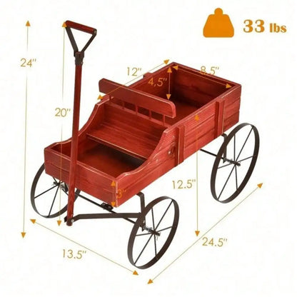 Wooden Wagon Plant Bed, Metal Wheels Garden Yard Patio Planter, Cart W/ Wood Frame