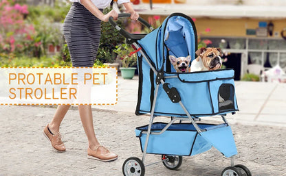 Folding Pet Stroller, 3 Wheels with Storage Basket