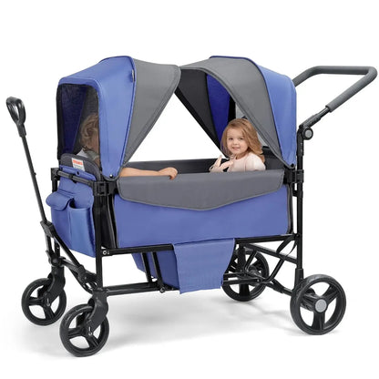 Double Stroller Wagon for 2 Kids with Canopy, Foldable, All-Terrain with Adjustable Push/Pull Handle, Parent Organizer - with canopies