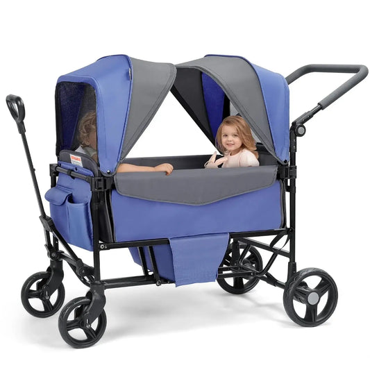 Double Stroller Wagon for 2 Kids with Canopy, Foldable, All-Terrain with Adjustable Push/Pull Handle, Parent Organizer - with canopies