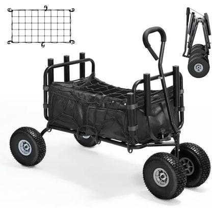 Fishing Cart, Collapsible Wagon with 11” All Terrain Big Wheels, Heavy-Duty Fishing Cart with 6 Rod Holders and Storage Pockets - side view with net