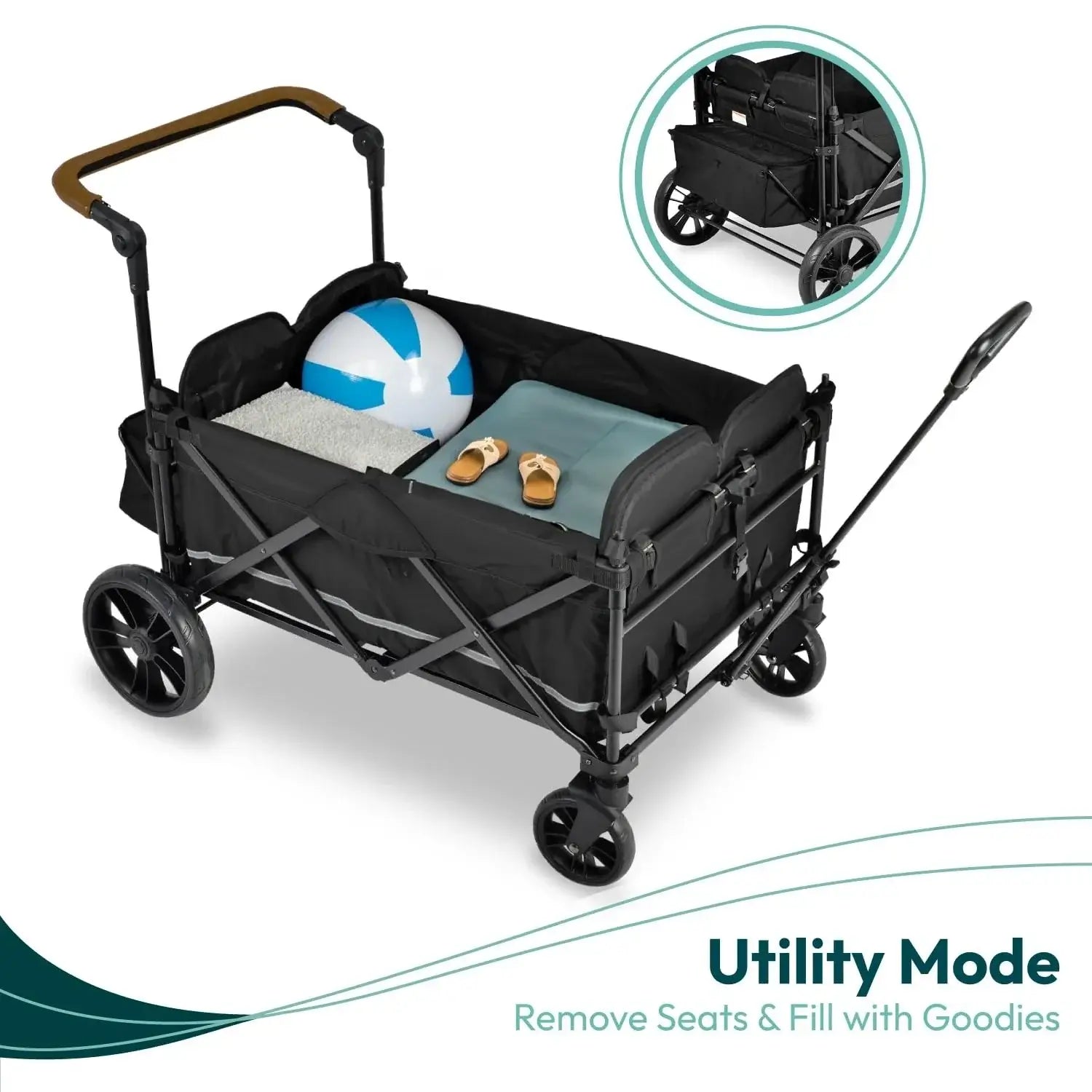 X4 Push and Pull Quad Stroller Wagon (4 Seater) - Collapsible with Seats with 5-Point , Adjustable Push Handle, Black - removable seats