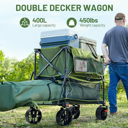 Heavy Duty Double Decker Wagon with Brakes, 54" Extra Long Extender Wagon Cart, 450lbs Heavy Duty Collapsible Cart - 450 lbs capacity