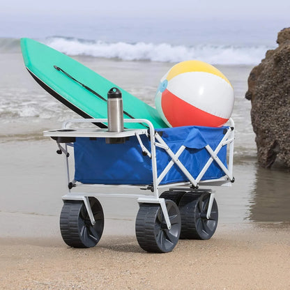 Heavy Duty All Terrain Beach Wagon with Side Table - Collapsible Folding Cart with Large Wheels