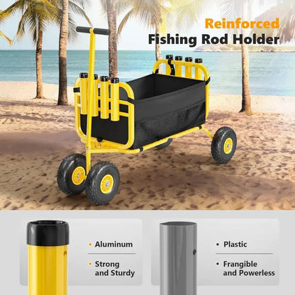 Fishing Cart, Foldable Trolley with 11" Airless Tires, Beach Trailer with Large Cargo Basket, 550 lbs Load Capacity, 8 Fishing Rod holders - reinforced rod holders