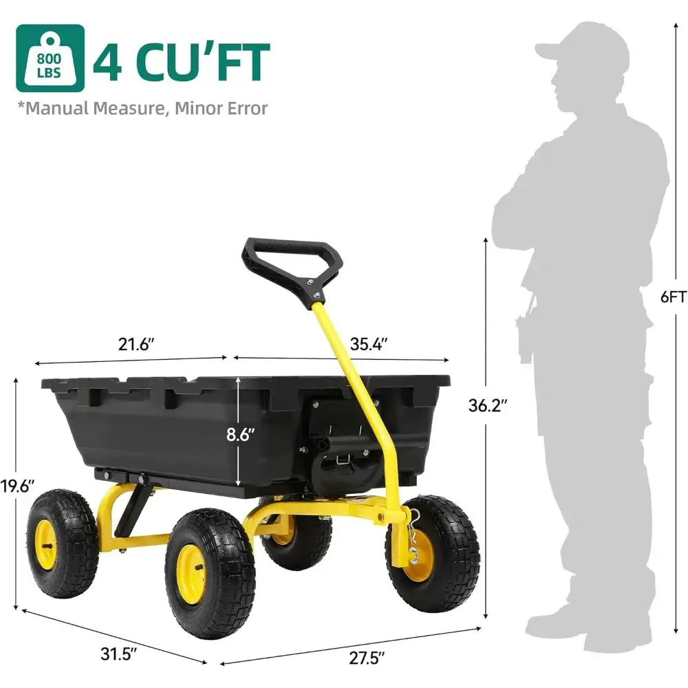 Garden Dump Cart Heavy-Duty 800lb Capacity with Quick-Release Dumping Feature