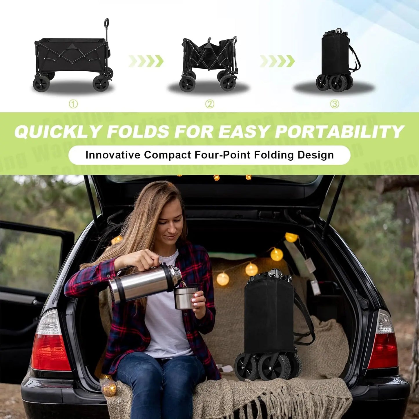 Foldable Wagons Carts, Collapsible Utility Cart, 300lbs, 130L with Side Pocket and Brakes