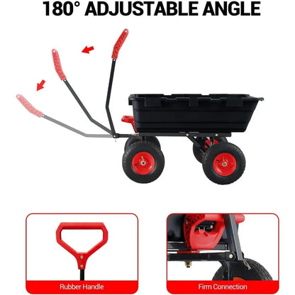 Heavy Duty Garden Dump Cart, Collapsible, w/Wood Roll Top, Adjustable Handle, Drop-Gate, All-Terrain Wheels, Heavy-Duty Folding Frame - adjustable rubber handle