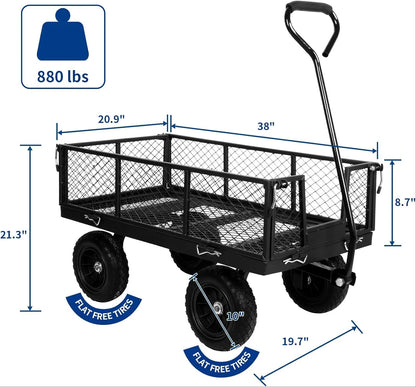 880 lbs 10" Flat Free Tires Steel Garden Cart with 180° Rotating Handle and Removable Sides