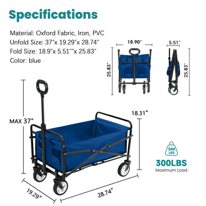 Wagon Cart Foldable with All-Terrain Wheels & Adjustable Handle, Portable Heavy Duty 300LBS Weight