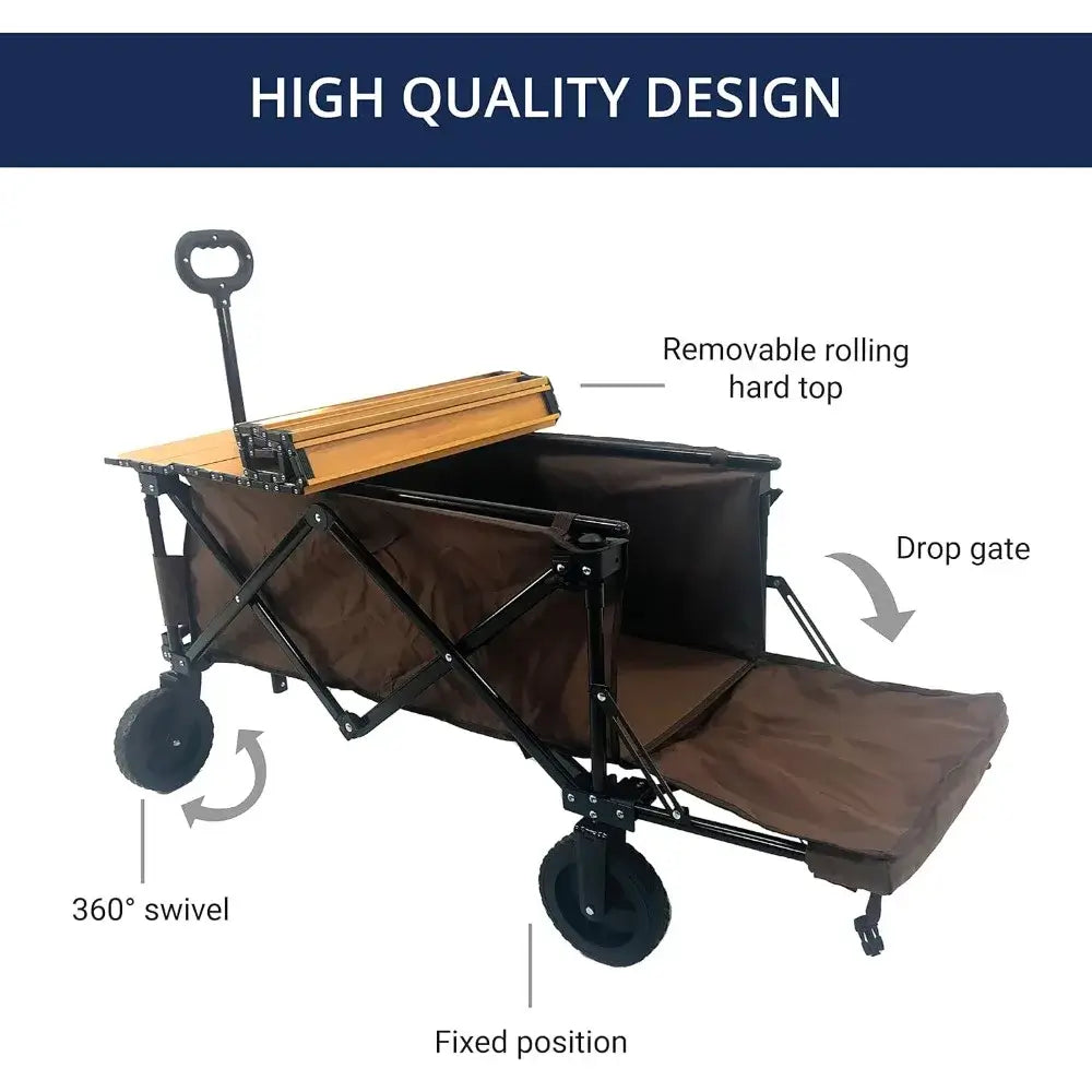 Utility Collapsible Wagon, Garden Cart, w/Wood Roll Top, Adjustable Handle, Drop-Gate, All-Terrain Wheels, Heavy-Duty Folding Frame - removable rolling table top