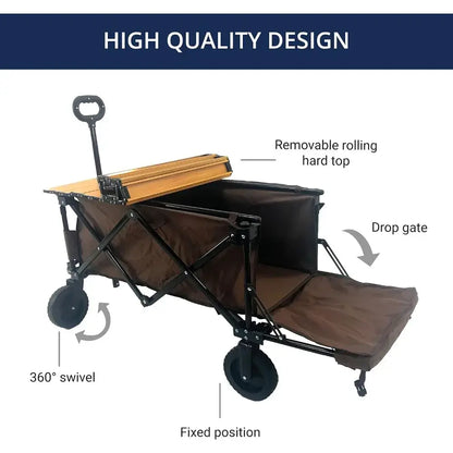 Utility Collapsible Wagon, Garden Cart, w/Wood Roll Top, Adjustable Handle, Drop-Gate, All-Terrain Wheels, Heavy-Duty Folding Frame - removable rolling table top