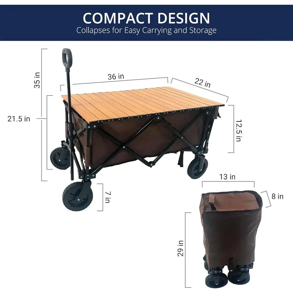 Utility Collapsible Wagon, Garden Cart, w/Wood Roll Top, Adjustable Handle, Drop-Gate, All-Terrain Wheels, Heavy-Duty Folding Frame - product dimensions