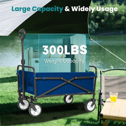 Wagon Cart Foldable with All-Terrain Wheels & Adjustable Handle, Portable Heavy Duty 300LBS Weight